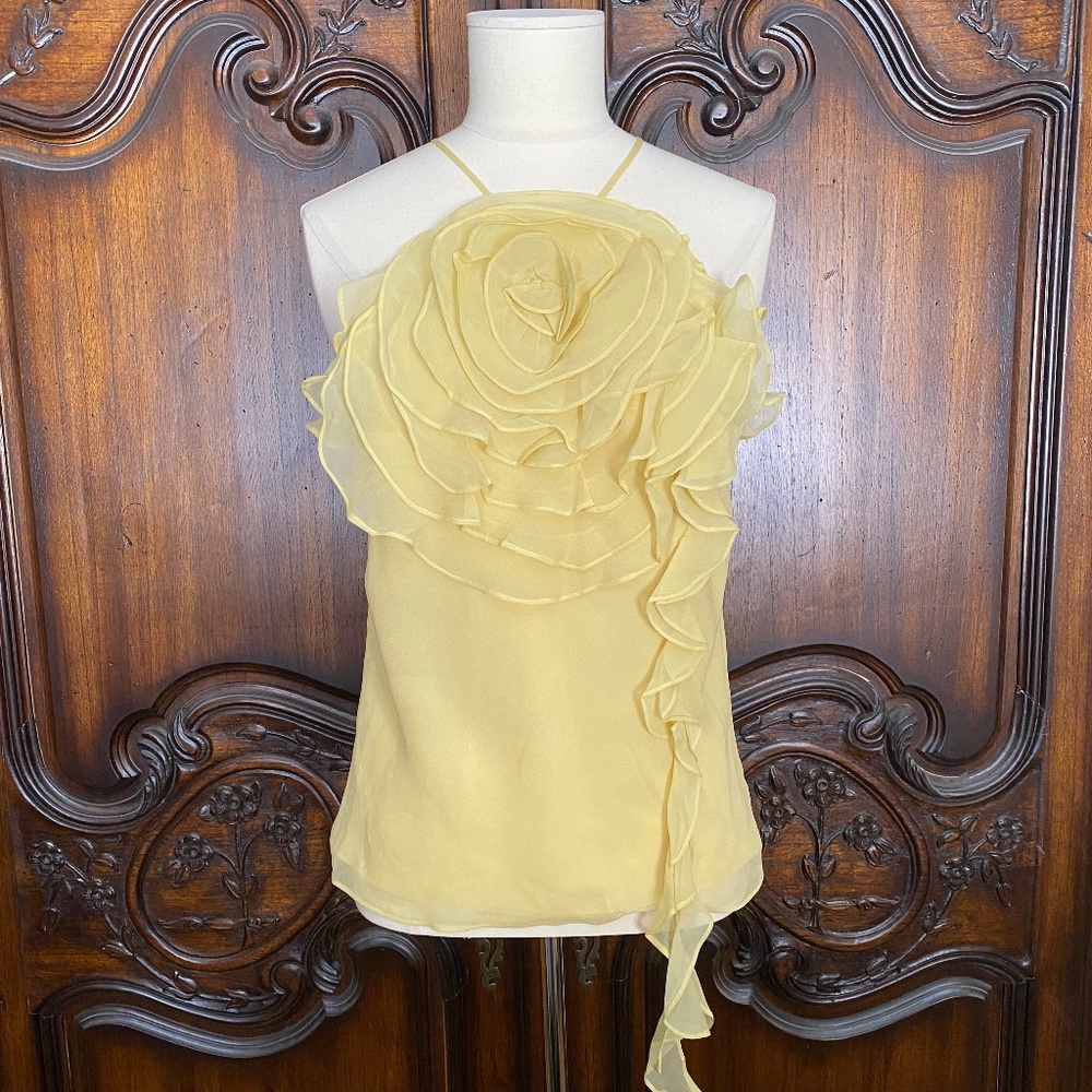 Women's BCBG Silk Canary Yellow Flowered Detail Top Size XS